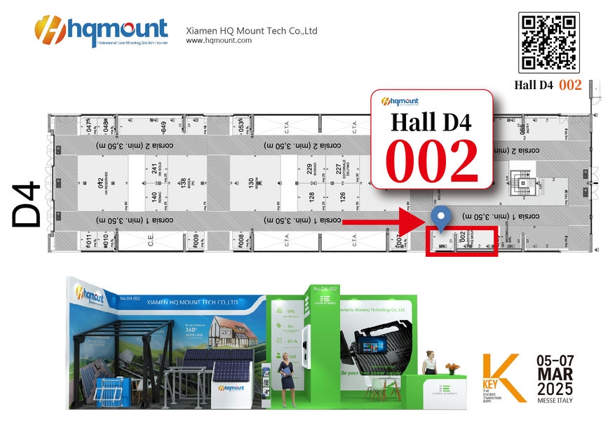 Montagem do HQ para mostrar soluções de montagem solar na Key Energy 2025 (Booth D4.002)
